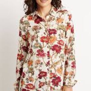 J Jill Floral Cotton Blend Button Up Long Sleeves Blouse Size Large Petite